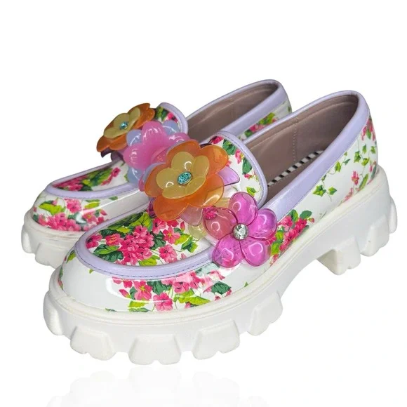 Betsey Johnson Vinie Lug Platform Shoes Women's US Size 8 Multi Floral Loafer - Picture 1 of 10